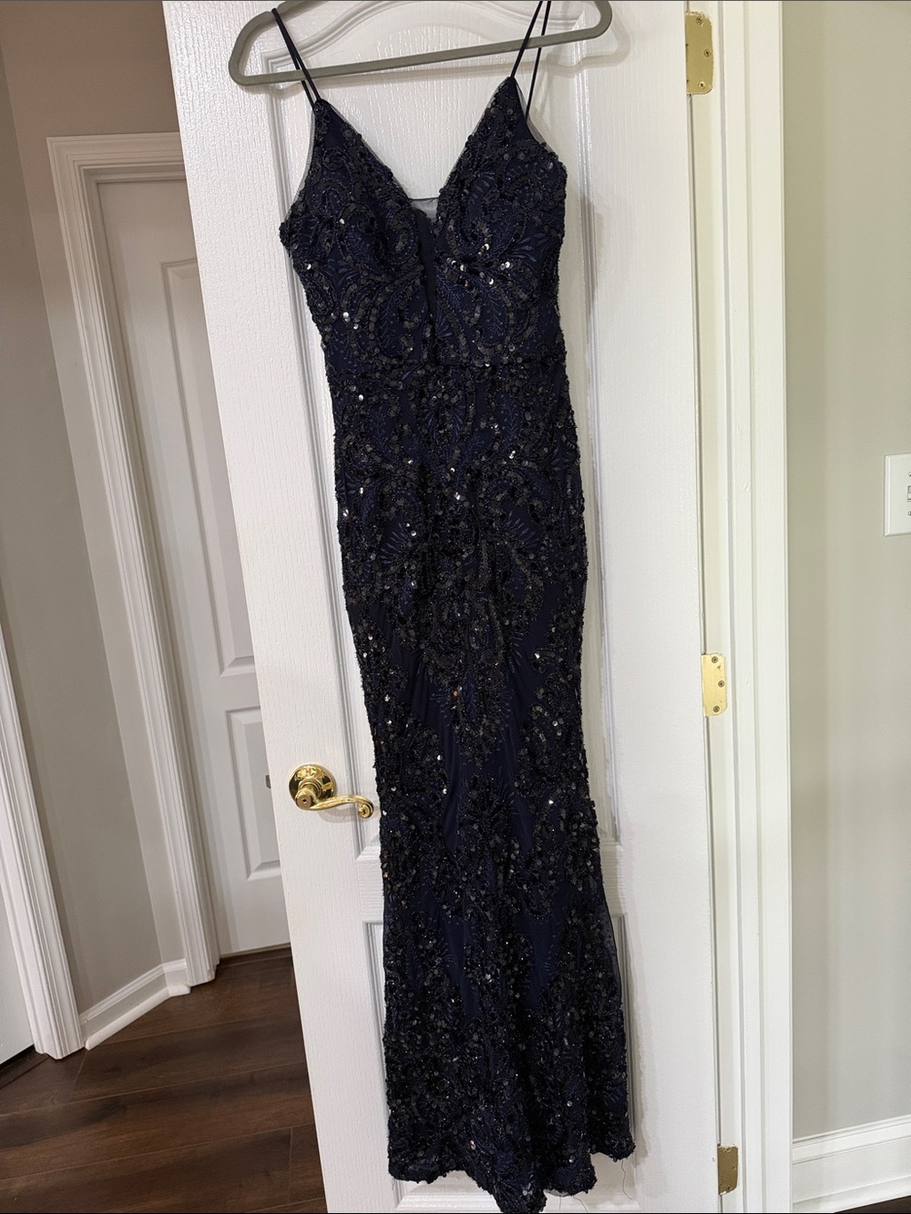 Betsy & Adam Navy Beaded Spaghetti-Strap Maxi Gown Size 8
